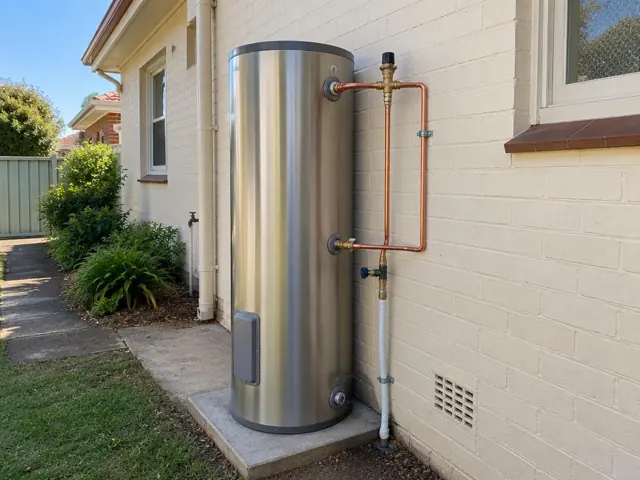 Outdoor hot water tank with copper pipework beside a painted brick house in Fairfield